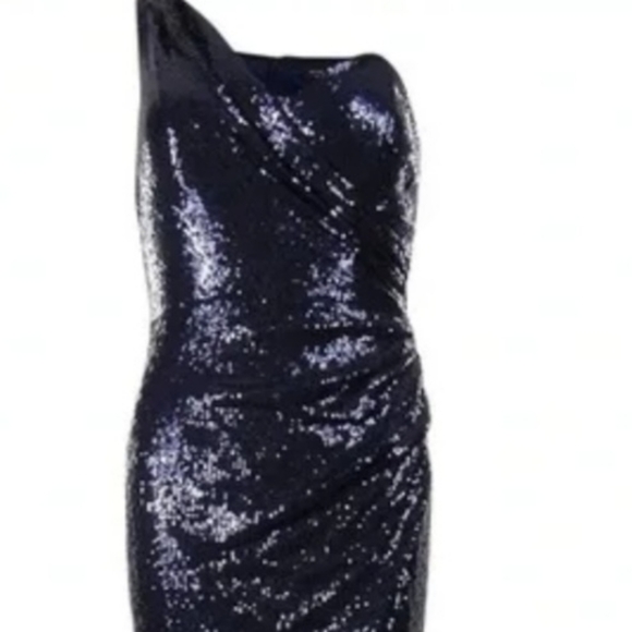 XSCAPE Size 12P Navy Sleeveless One-Shoulder Sequin Floor Length Gown is - Picture 1 of 11